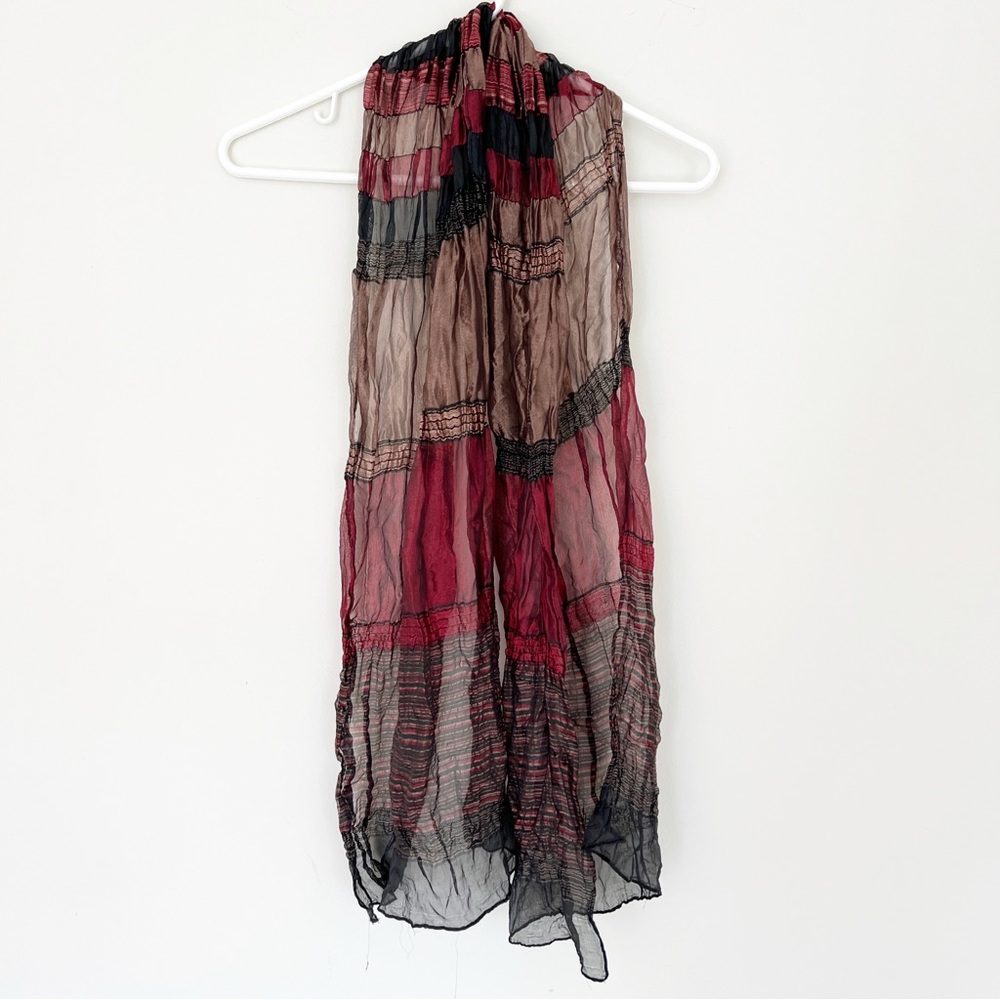 Lightweight Sheer Crinkled Scarf in Red, Taupe & Black